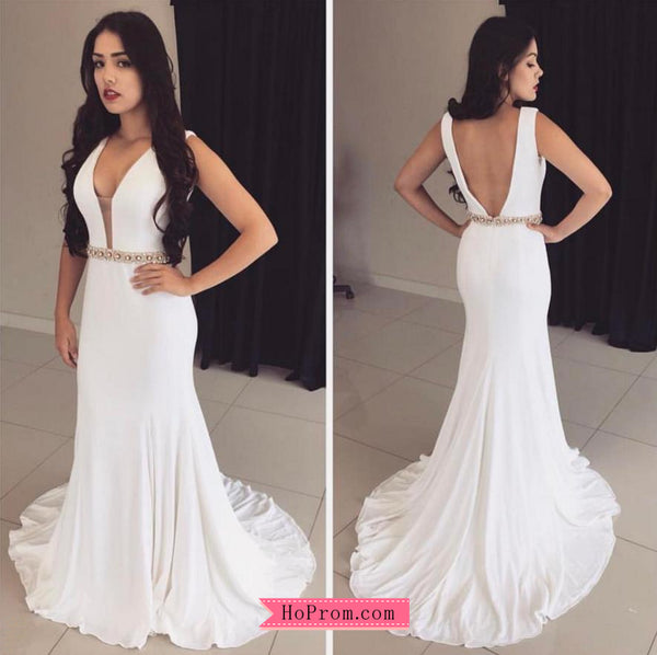 Deep V-neck White Prom Dress with Beading