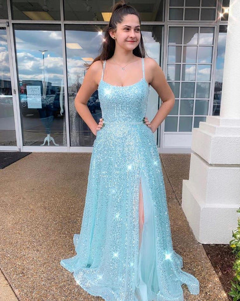 Sparkly Sexy Back Prom Dresses Slit Blue Evening Dress