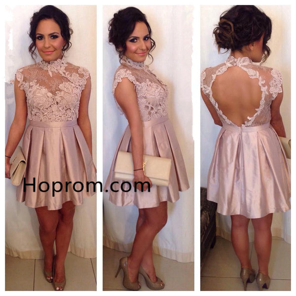 High Neck Cocktail Dresses Lace Appliques Pink Homecoming Dress