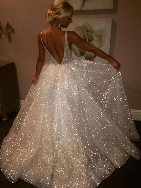 Long Bling Prom Dresses V Neck Sparkly Evening Dresses