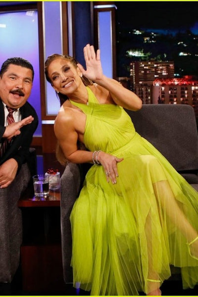 Yellow Jennifer Lopez (JLo) Halter Dress Ruched Prom Celebrity Dress Jimmy Kimmel Live