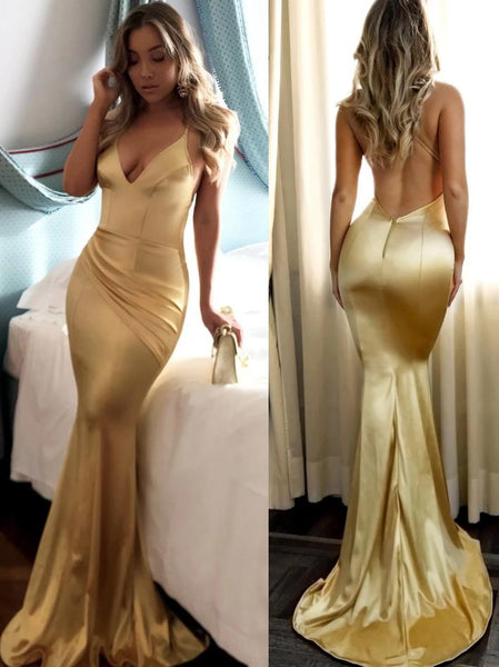 Spaghetti Straps Mermaid Prom Dresses Sexy with Train Gold Evening Dress