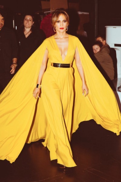 Yellow Jennifer Lopez (JLo) Sexy Cape Dress V Neck Prom Celebrity Formal Dress AMA