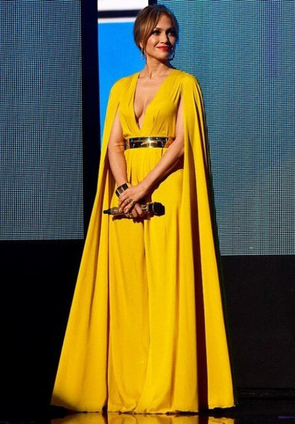 Yellow Jennifer Lopez (JLo) Sexy Cape Dress V Neck Prom Celebrity Formal Dress AMA