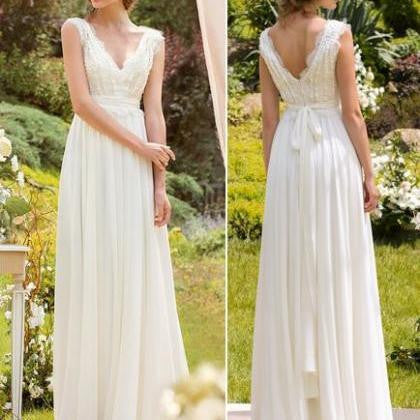 Bohemian Bridal Wedding Dress, Lace Summer Elegant V-Neck Bridal Dress