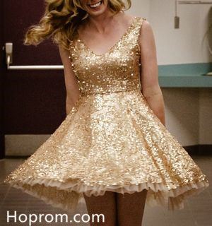 Golden Sequins Homecoming Dress, V Neck Homecoming Dress