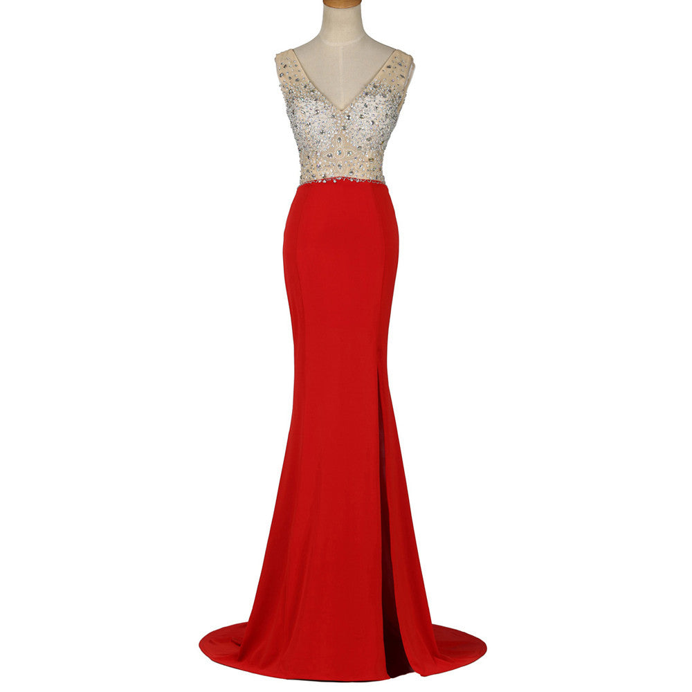 Red Sleeveless Prom Dresses,V-Neck Prom Dress,Evening Dress