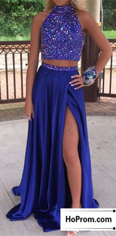 Two PiecEe Royal Blue Beading Prom Dress Evening Dresses