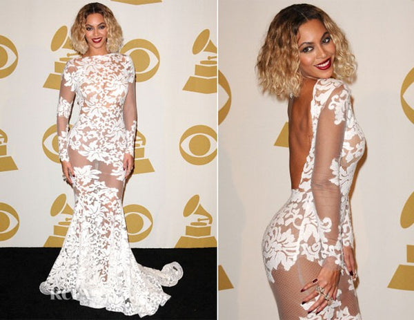 White Beyonce Knowles Mermaid Long Sleeve Dress Lace Gown Prom Red Carpet Evening Dress Grammy Awards