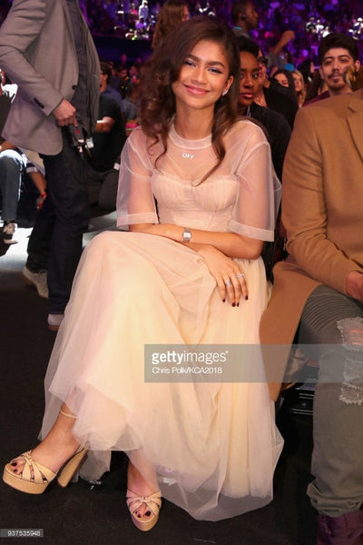 Ivory Zendaya Coleman Half Sleeve Round Neck Dress Sheer Prom Celebrity Formal Gown Dress Nickelodeon's Kids' Choice Awards