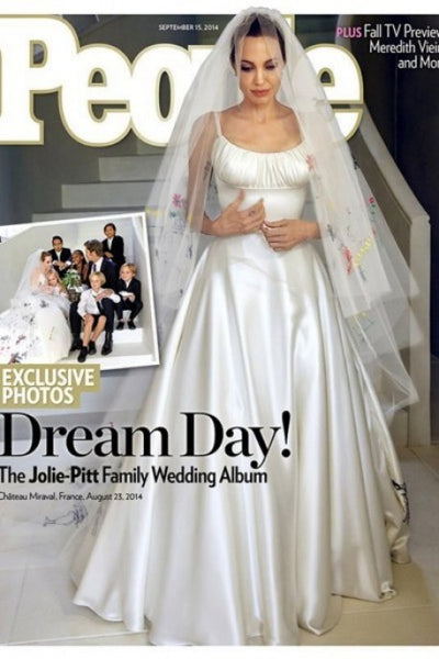 White Angelina Jolie Satin Round Neck Wedding Dress Celebrity Wedding Dress Replica For Sale