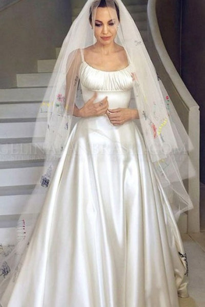 White Angelina Jolie Satin Round Neck Wedding Dress Celebrity Wedding Dress Replica For Sale