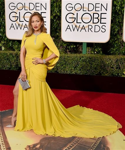 Yellow Jennifer Lopez (J.Lo) Cape Sequin Dress Slit Prom Celebrity Red Carpet Dress Golden Globes