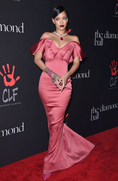Pink Rihanna Satin Off The Shoulder Fit Dress Flare Prom Celebrity Red Carpet Dress Diamond Ball