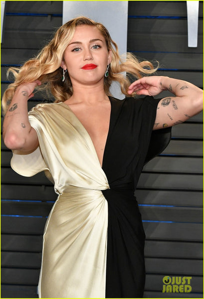 Two tone Miley Cyrus Front Slit V Neck Half Sleeve Dress Party Prom Celebrity Formal Gown Dress Vanity Fair Oscar