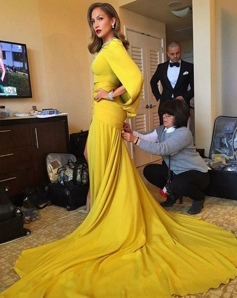 Yellow Jennifer Lopez (J.Lo) Cape Sequin Dress Slit Prom Celebrity Red Carpet Dress Golden Globes