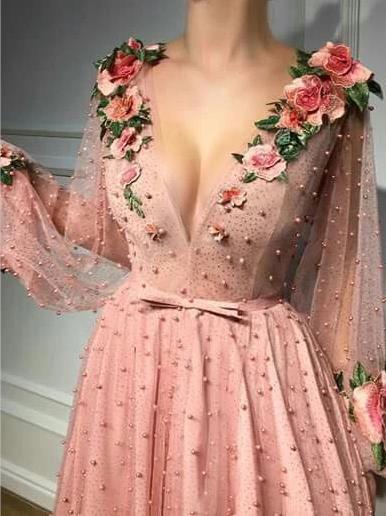 Embroidery Beaded Prom Dresses V Neck Tulle Formale Evening Dresses