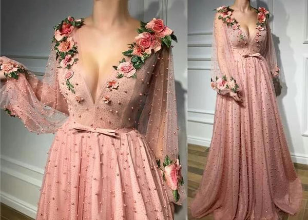 Embroidery Beaded Prom Dresses V Neck Tulle Formale Evening Dresses