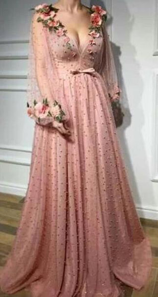 Embroidery Beaded Prom Dresses V Neck Tulle Formale Evening Dresses