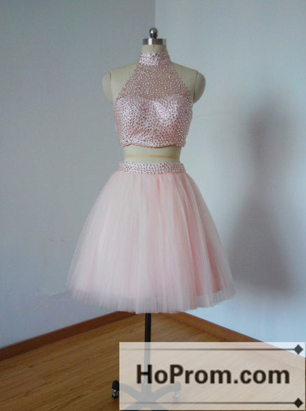 Two Piece Pink Beading Short Prom Dresses Homecoming Dresses