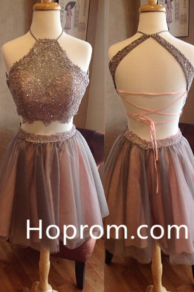 Two Piece Straps Lace Halter Neck Homecoming Dresses