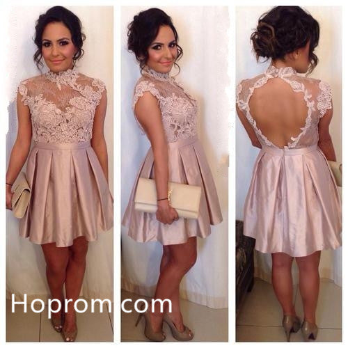 Blush Pink Open Back Homecoming Dress, Applique Homecoming Dress