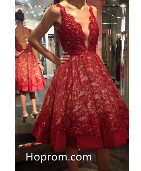 Deep V Neck Lace Homecoming Dress, Red Homecoming Dress