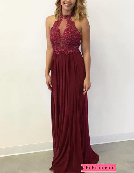 Burgundy Halter Neckline Prom Dress with Beadings – Hoprom