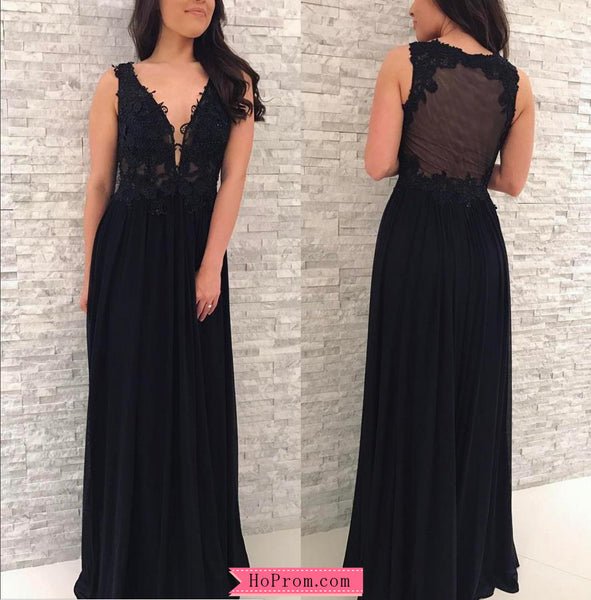 Black Deep V Neck Lace Chiffon Prom Dresses