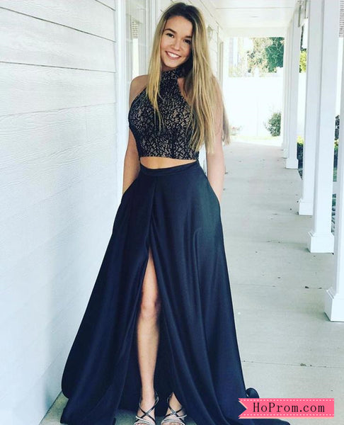 Two Piece Black High Neck Lace Prom Dress