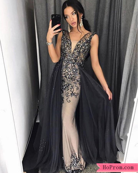 Black Embellished Plunging Neck Column Prom Dress