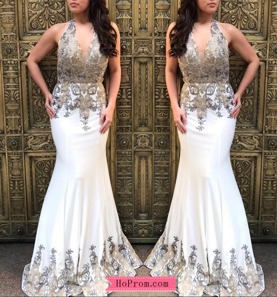 White Open Back Halter Neck Embellished Embroidery Prom Dress