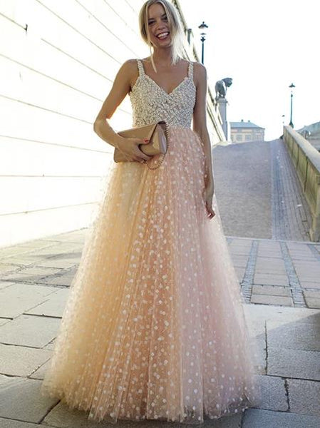 Sexy V Back Prom Tulle Prom Dresses Beading Evening Dresses
