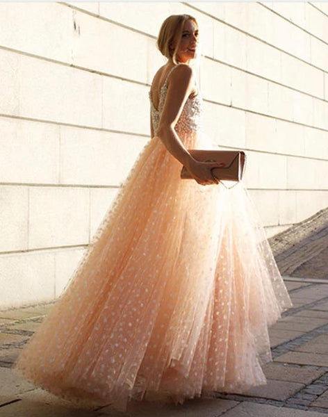 Sexy V Back Prom Tulle Prom Dresses Beading Evening Dresses