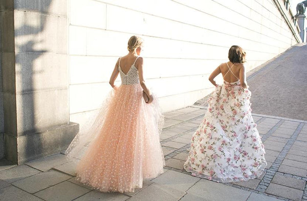 Sexy V Back Prom Tulle Prom Dresses Beading Evening Dresses