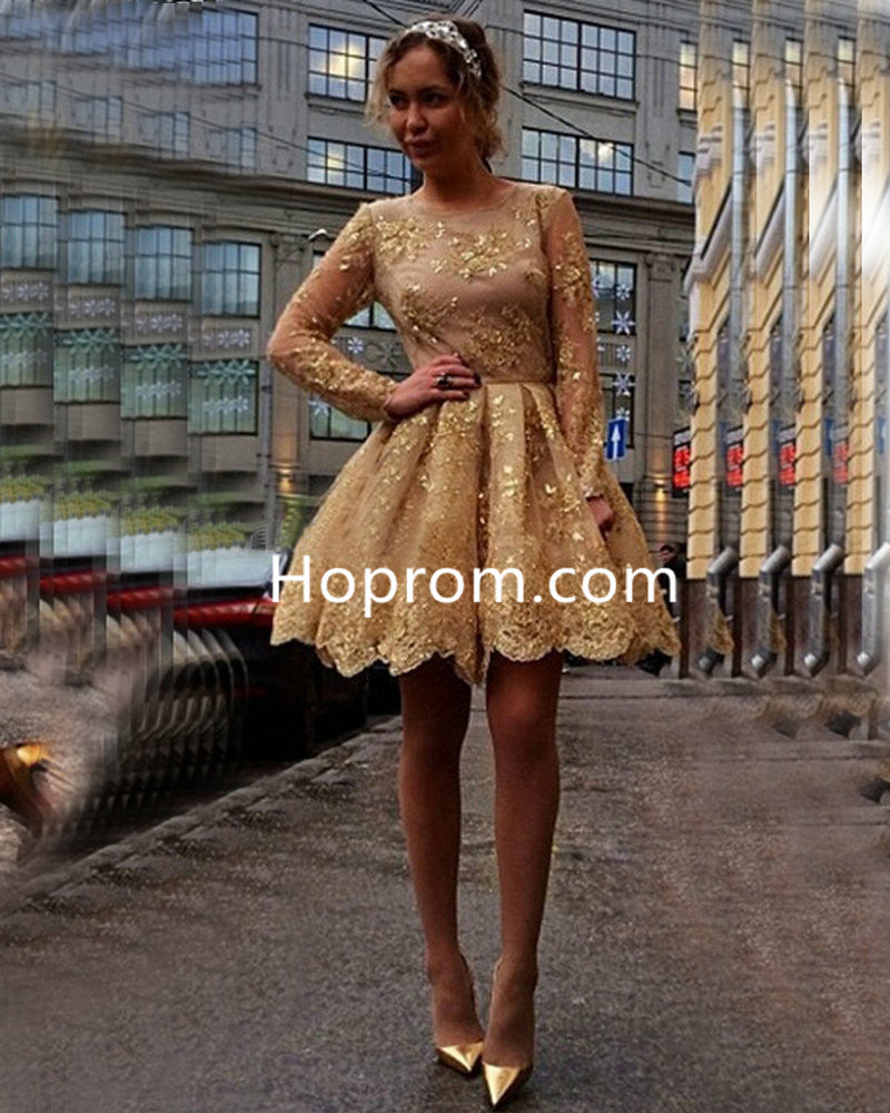 Appliques Long-Sleeves Sheer Short Gold Homecoming Dresses Hoprom Appliques Long-Sleeves Sheer Short Gold Homecoming Dresses Hoprom