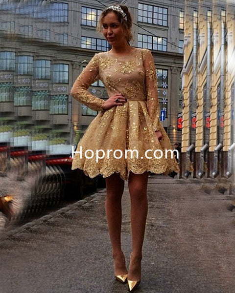 Appliques Long-Sleeves Sheer Short Gold Homecoming Dresses