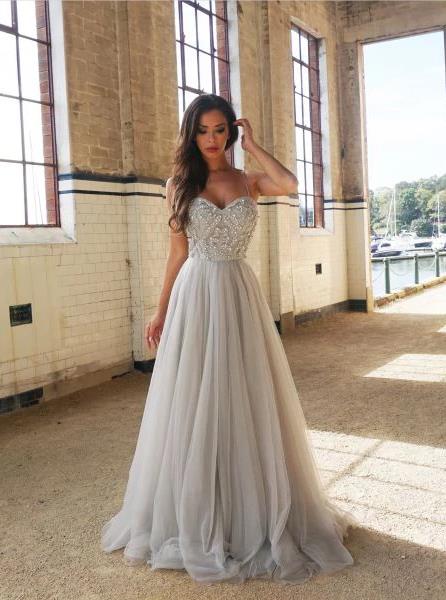 Spaghetti Straps Silver Prom Dresses Sweetheart Evening Dress