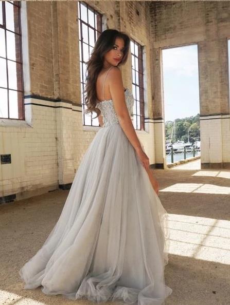 Spaghetti Straps Silver Prom Dresses Sweetheart Evening Dress