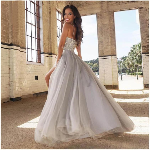 Spaghetti Straps Silver Prom Dresses Sweetheart Evening Dress