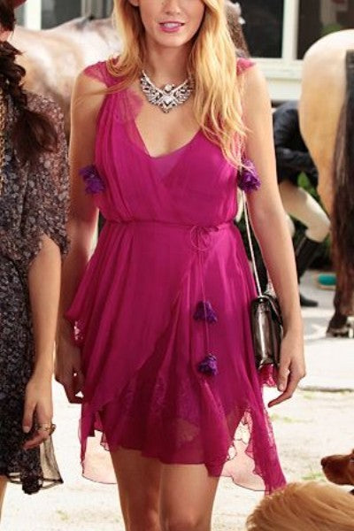 Fuchsia Blake Lively Chiffon Dress Short Prom Celebrity Evening Dress Serena van der Woodsen Gossip Girl