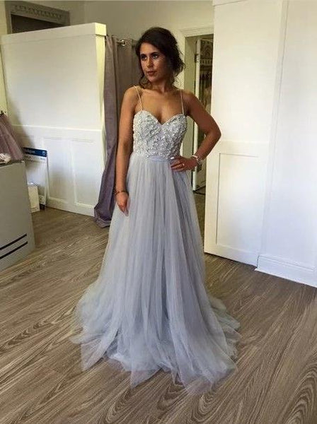 Spaghetti Straps Silver Prom Dresses Sweetheart Evening Dress
