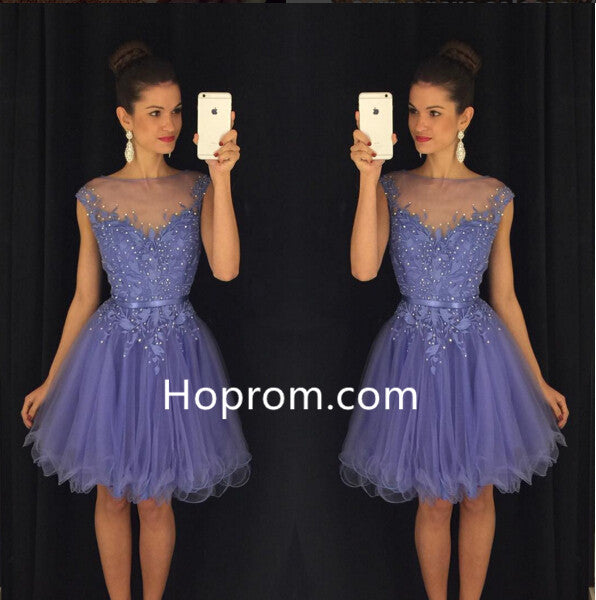 Beadings Tulle Lavender Cap-Sleeves A-Line Homecoming Dress