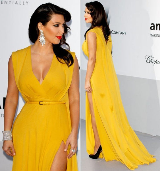 Yellow Kim Kardashian (Kim K) Slit Chiffon V Neck Dress Empire Waist prom Celebrity Dress amfAR Gala