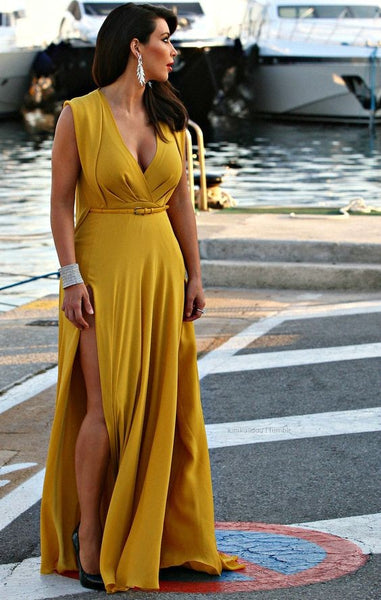 Yellow Kim Kardashian (Kim K) Slit Chiffon V Neck Dress Empire Waist prom Celebrity Dress amfAR Gala