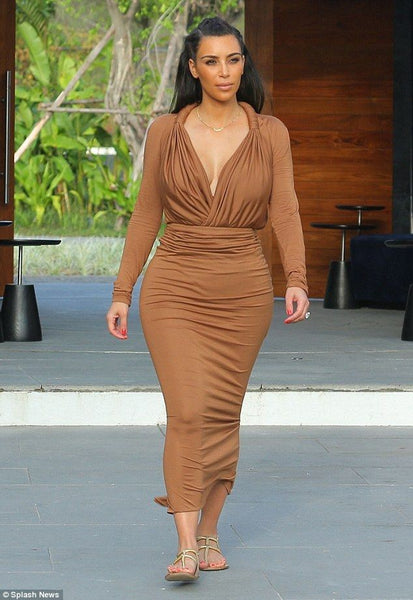 Brown Kim Kardashian (Kim K) Long Sleeve V Neck Wrap Dress Sheath Prom Celebrity Dress For Sale
