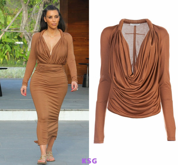 Brown Kim Kardashian (Kim K) Long Sleeve V Neck Wrap Dress Sheath Prom Celebrity Dress For Sale