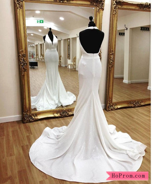 Elegant White Halter Open Back Long Prom Dress