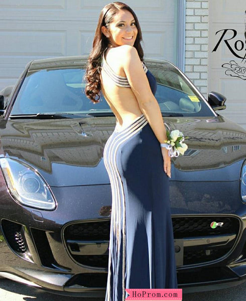 V neck Plunge Jersey Black Gown Prom Dress with Mirrored Bands
