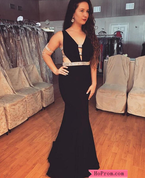 V neck Plunge Jersey Black Gown Prom Dress with Mirrored Bands